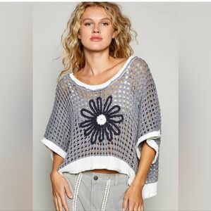 POL Silver and White Relaxed Cropped Top with Dolman Sleeves